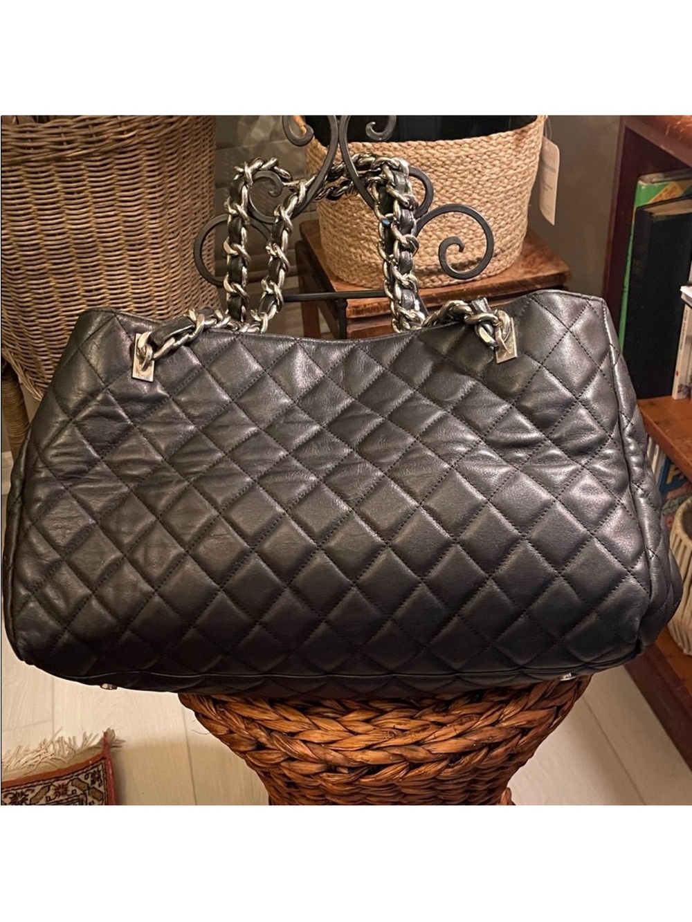 CC Shoulder Travel Bag - Black Quilted with Silver Accents High Quality Fashion - Picture 5 of 16